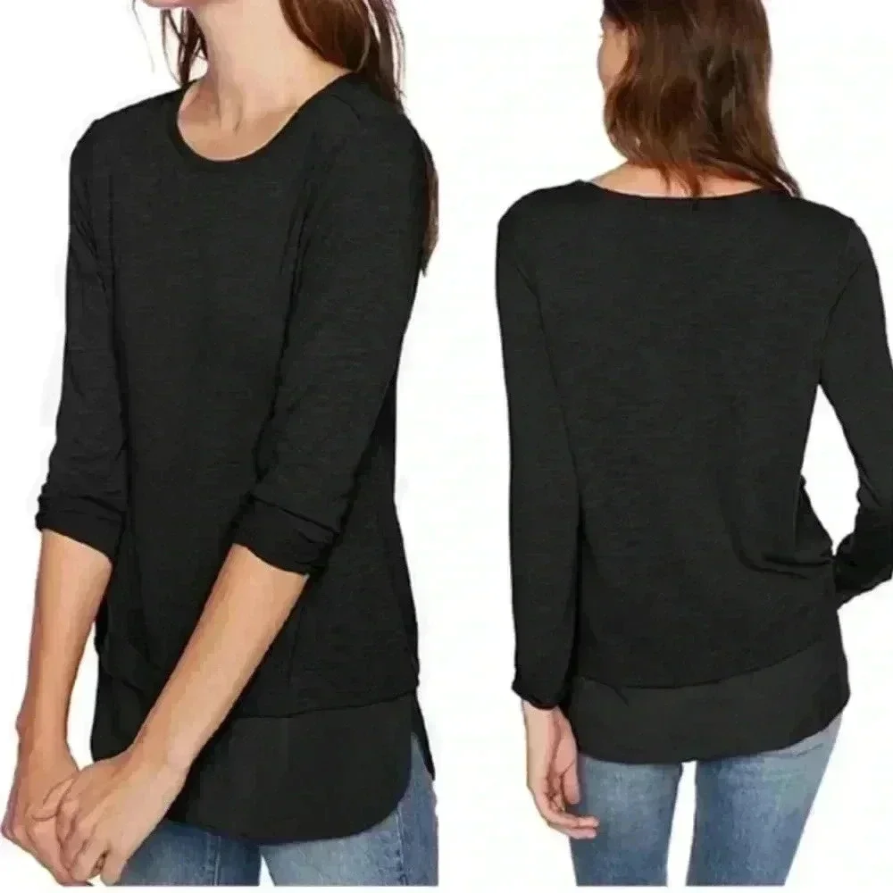 J.Crew‎ Long Sleeve Top With Silky Hem Women’s Small Black Faux Layered